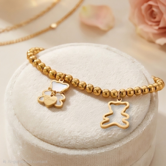 Whimsical 18K Gold Plated Stainless Steel Bear Charm Beaded Dainty Bracelet - Picture 5 of 13